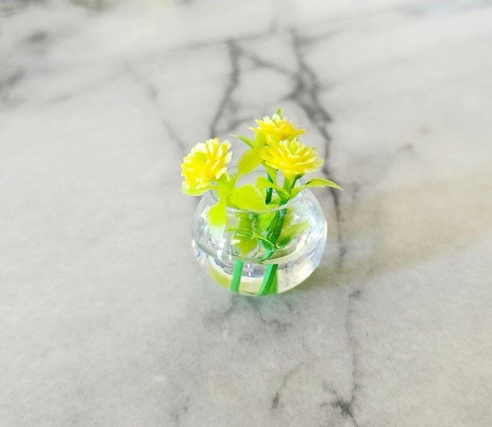 Miniature Dollhouse Yellow Flower Plant Decor Clear Vase