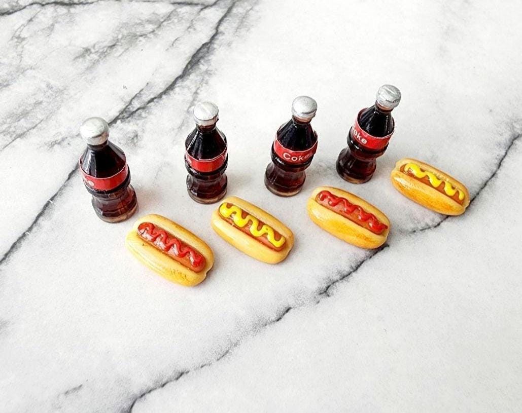 Miniature Dollhouse Food Ketchup Mustard Hotdogs and Drinks 8pcs