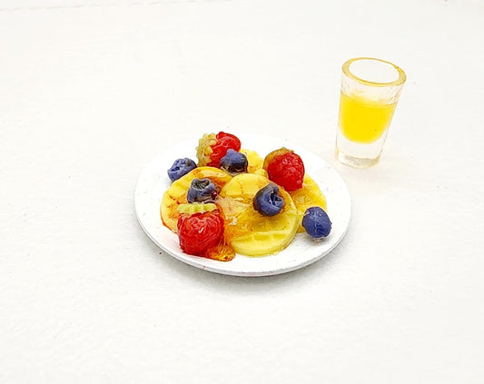 Miniature Dollhouse Breakfast Waffles and Fruit and Orange Juice